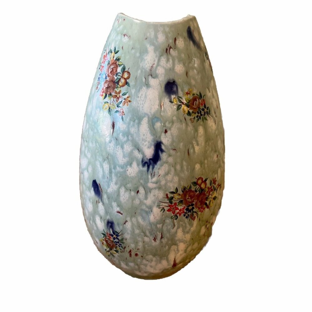 Rare Handmade Holland Mold Blue Speckled Vase With  Flowers Signed 1975